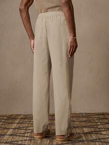 AKNOTIC X Nawaf Alabid 男士亚麻梭织休闲松紧腰直筒裤，适合夏季、度假、日常穿着、派对、情侣装、男士礼物 - 卡其色 - 查看 7