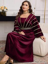 Modelyn Elegantes Samt-Gold-Blumen-Spitzen-Fledermausärmel-Taille A-Linie Kleid in Große Größen, Regular Fit, Frühling/Herbst