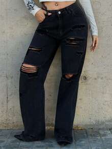 Bearsaez 女式前扣口袋简约破洞休闲牛仔裤 - 黑色 - 查看 3