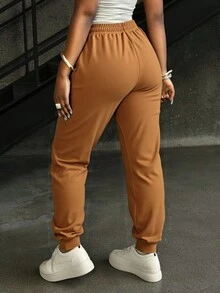 Pantalones deportivos para mujeres - pantalones de cinturón elástico ajustados por cuerda de extracción, con bolsillos, tejidos sólidos, 100% poliéster suave, ligero, cómodo y transpirable, adecuado para deportes de fitness dentro y fuera del hogar - color caramelo - Ver 3