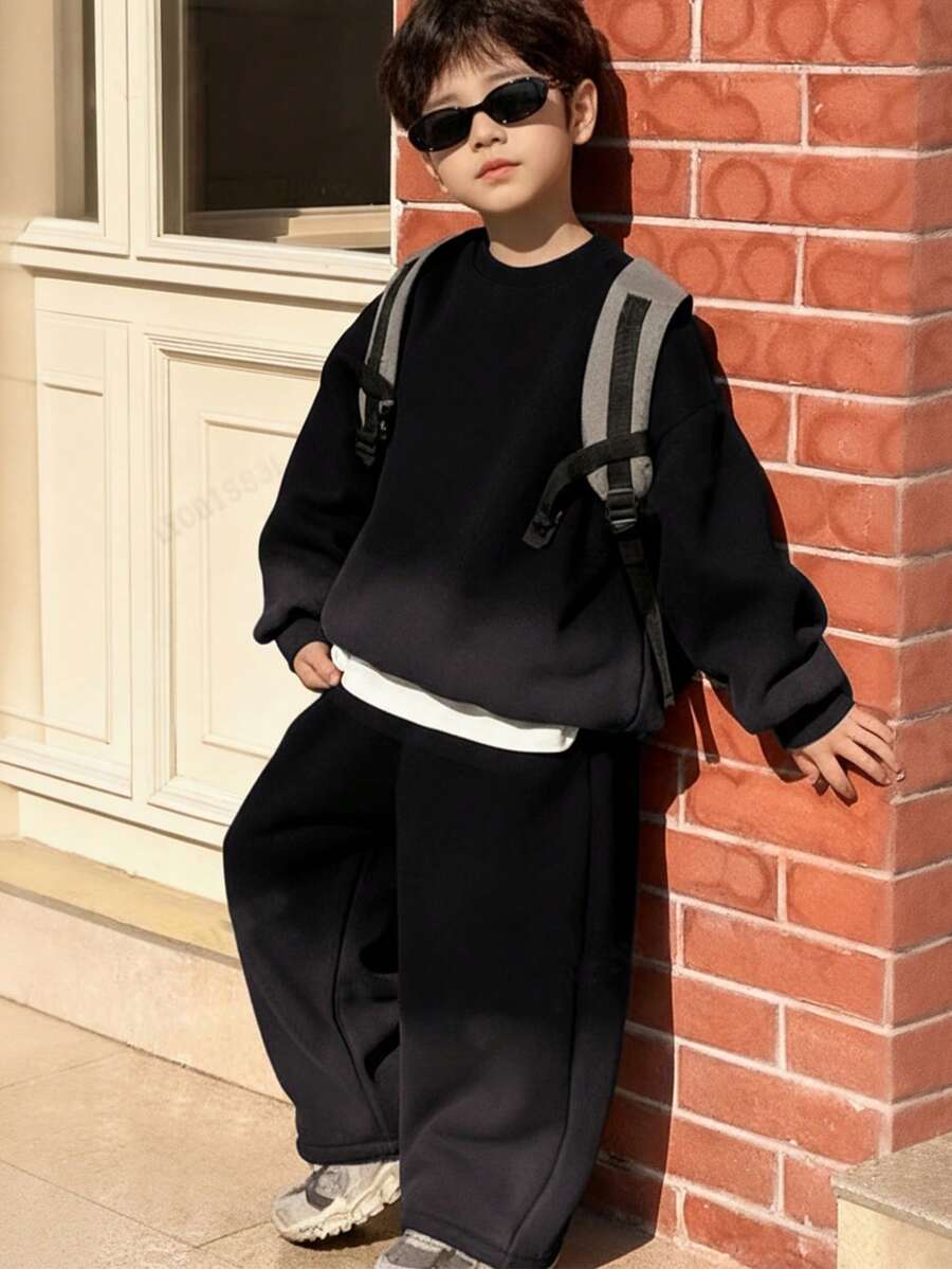 SHEIN Set de 2 piezas de sudadera y pantalón de chándal con efecto degradado para niño preadolescente, adecuado para ir y venir, la escuela, uso casual diario, deportes, otoño/invierno
