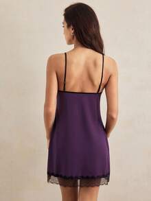 Charlaine Women's Contrast Lace Spaghetti Strap Sexy Lingerie Dress - Purple - View 3