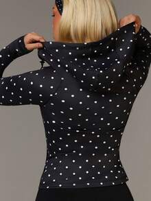 Athîral Women's Casual Athleisure Black Polka Dot Print Long-Sleeved Jacket, Comfortable And Soft Knit Fabric, Suitable For All Seasons,Hooded Top,New Year Outfits,Polka Dot Cardigan,Black Hoodie