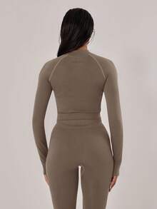 Musera Sport Stitched Seam Detail Cropped Long Sleeve Full Zip Top Jacket,Padel, Tennis, Pickleball Gym Fitness Fall Winter - Mocha Brown - View 3