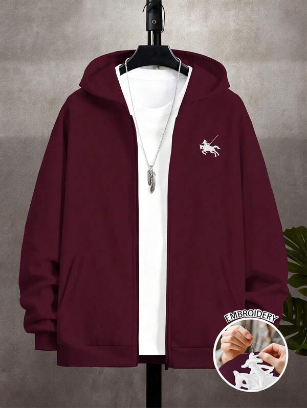 Teen Boy Casual Versatile Knight Embroidery Hoodie Jacket, Autumn/Winter