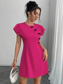 Chiquease Đầm ngắn tay cài nút phong cách Trung Hoa cổ điển - Màu Hồng Tươi - Xem 7