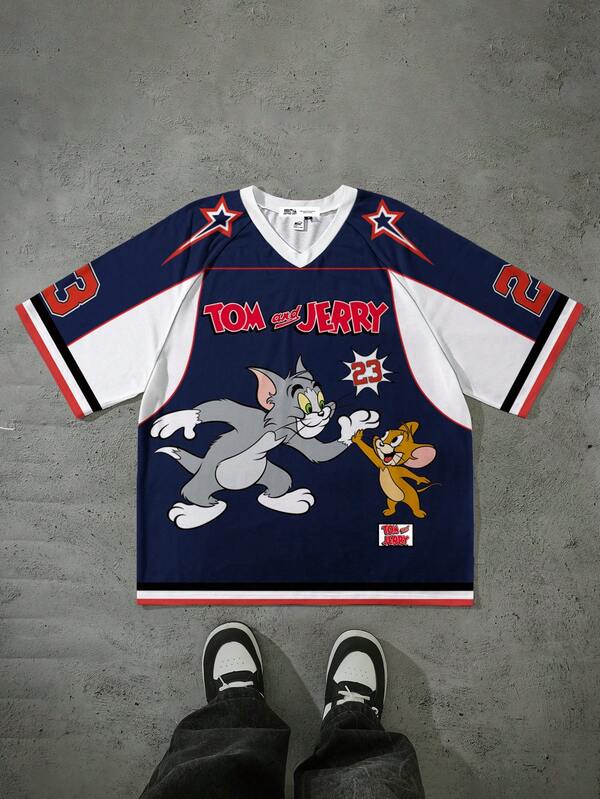 TOM & JERRY X SHEIN Men V-Neck Short Sleeve Summer Casual Sports, Street Cartoon Number & Letter Graphic T-Shirt