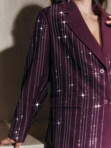 Anewsta Traje de blazer y pantalones a rayas con strass elegante y de talla grande - Morado - Ver 2