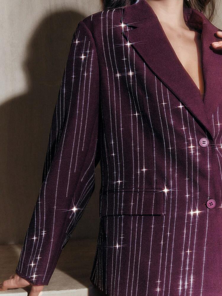 Conjunto de Blazer e Calça Elegante com Listras de Strass para Plus Size