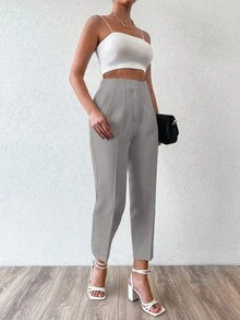 EURMUSE Solid Color Fold-over Pleated Tapered Pants - Grey - View 5