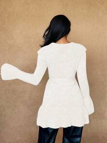 Islaluna Women's Basic Minimalist Elegant French Fashion Romantic Tie-Front Cardigan White Cardigan Woman White Knit Cardigan Cardigan With Tie Long Sleeve Cardigan Ruffle Trim Cardigan - Beige - View 2