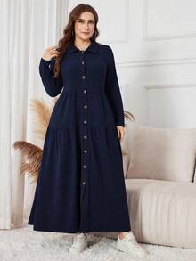 SHEIN Lacomfia Plus Size Women Casual Solid Color Button Front Long Knit Dress, Autumn - Navy Blue - View 1