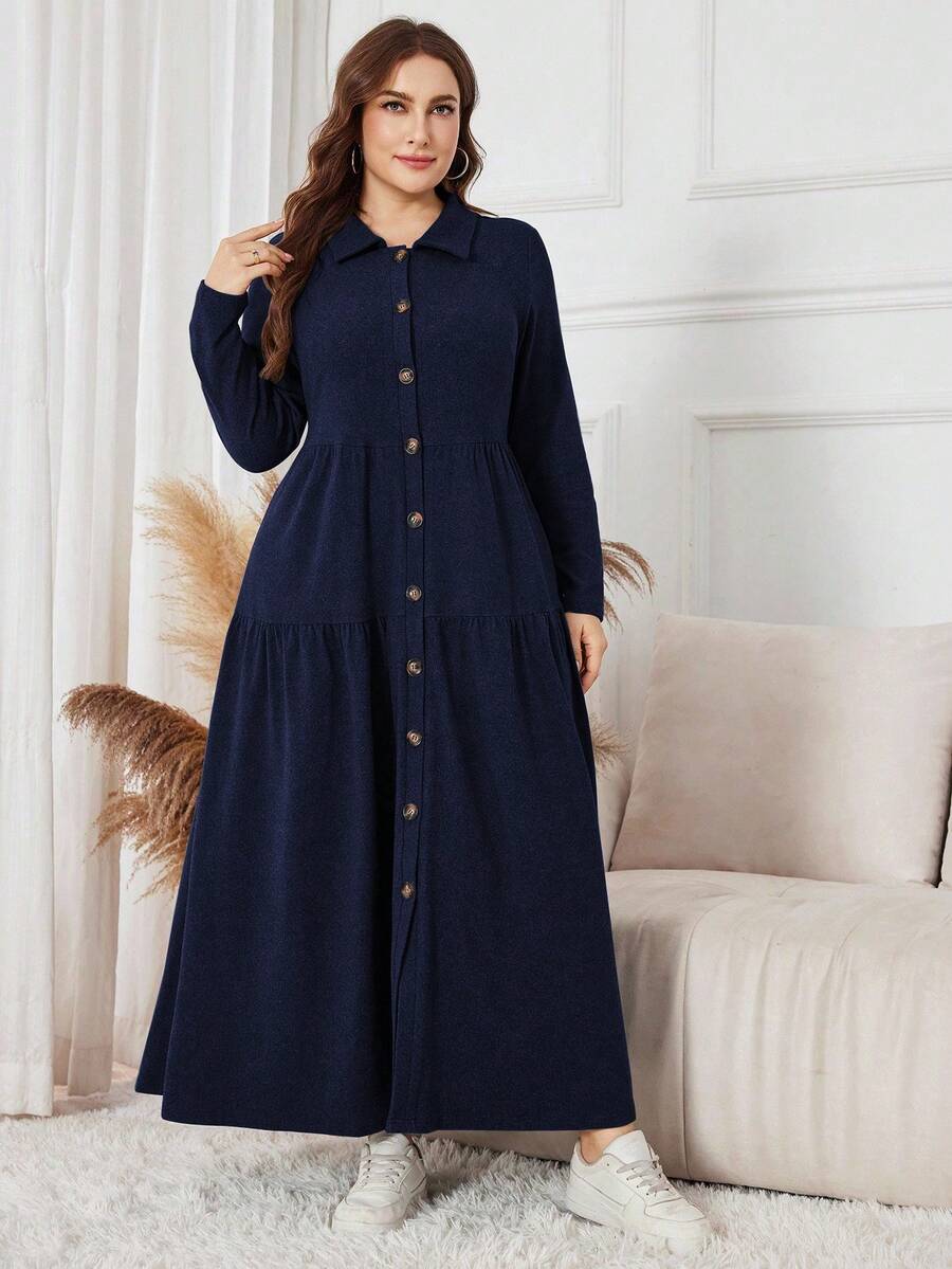 SHEIN Lacomfia Plus Size Women Casual Solid Color Button Front Long Knit Dress, Autumn - Navy Blue - View 1