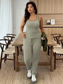 EMERY ROSE Plus Size Solid Color Jacket And Striped Tank Top With Pants 2 Pieces Set - Army Green - View 3