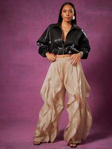 Vixey Quần ống rộng xếp nếp organza cạp chun - Màu be - Xem 3