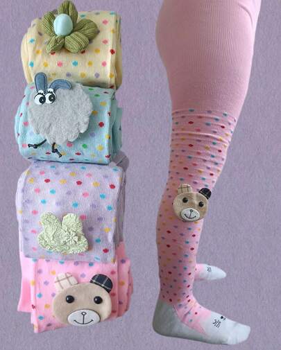 Paquete 3 mallas para niña con diseño de puntos, de algodón, en diferentes colores con tierna figura a un costado de las piernas