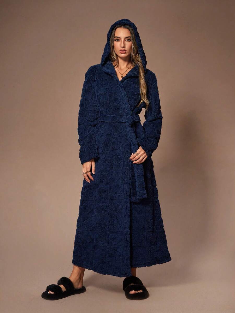 女士纯色蓬松浴袍，冬季 - 藏蓝色 - 查看 1