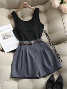 Franclia Everyday Versatile Casual Chic Commuter Belted Gray Vertical Striped Women's Shorts Wide-Leg Trousers For Spring And Autumn, Women's Casual Shorts, Simple Basic Casual Commuter Shorts, Women's Formal Trousers Shorts, Women's Shorts. - Grey - View 2