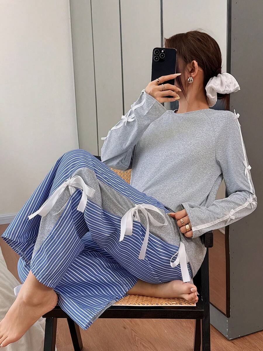 Dream Adore 女士休闲可爱圆领蝴蝶结长袖睡衣套装,冬季服装 - 彩色 - 查看 1