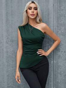 SHEIN Privé Women's Solid Color Pleated Asymmetrical Neckline Sleeveless Top - Dark Green - View 6