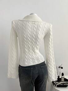 Elamini Women's Fashionable Loose Knit Pattern Button Half-Placket Long Sleeve Sweater, Autumn/Winter - White - View 2