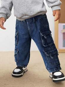 SHEIN Pantalones vaqueros de bebé niño con múltiples bolsillos y costuras de contraste, versátiles para uso al aire libre - Azul lavado oscuro - Ver 3