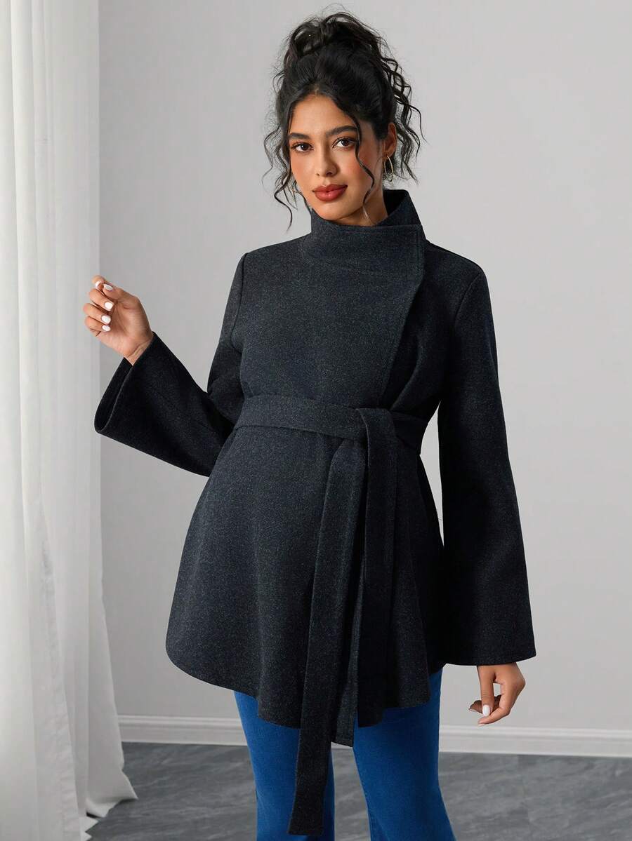 Momance Maternity Regular Jacket, Long Sleeve Stand Collar, Hidden Button, Tie Waist - Dark Grey - View 1