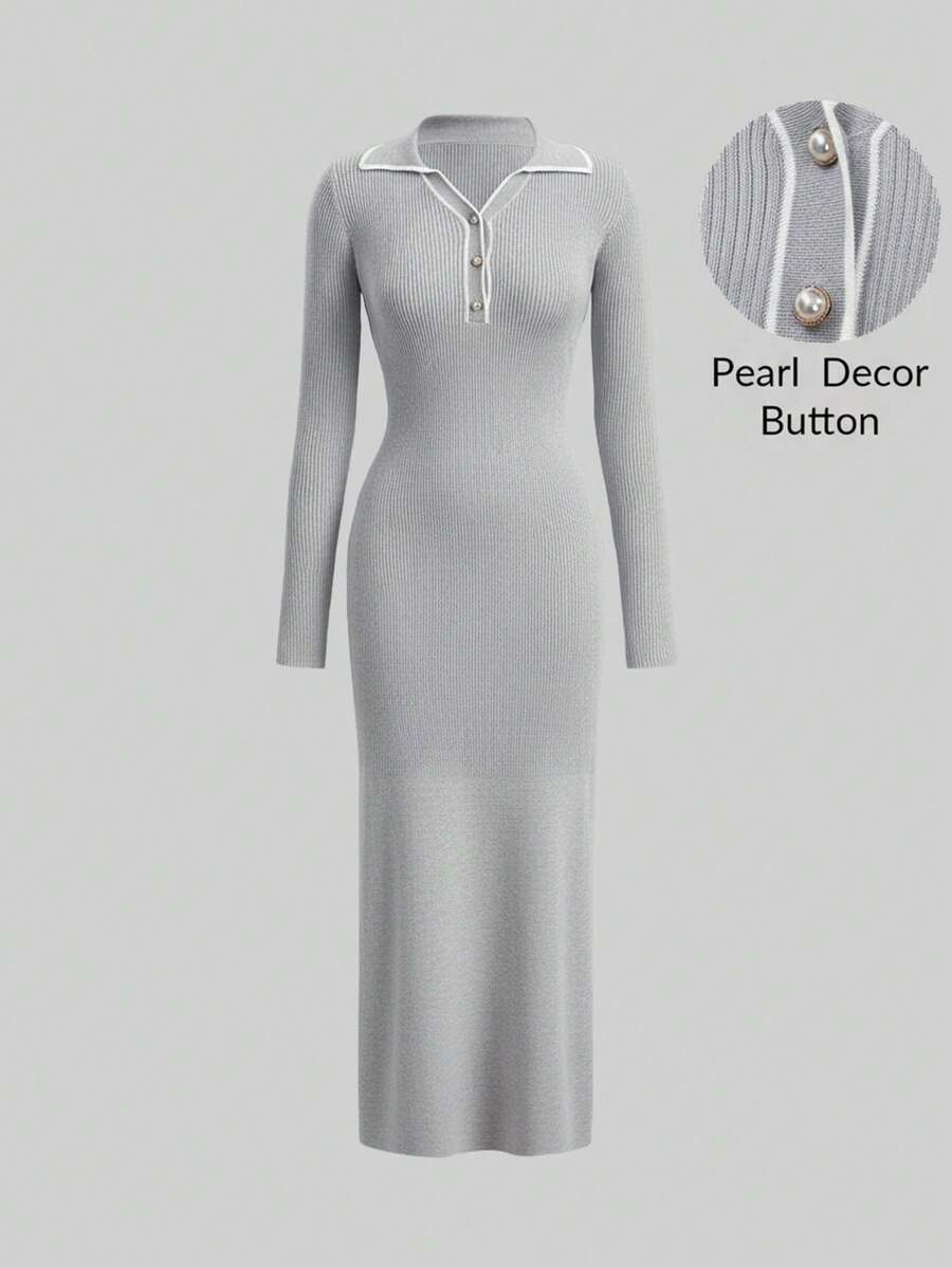 SHEIN MOD Váy len dài ôm vừa vặn, cài nút phía trước, màu tương phản cho mùa thu/đông - Màu Xám nhạt - Xem 1
