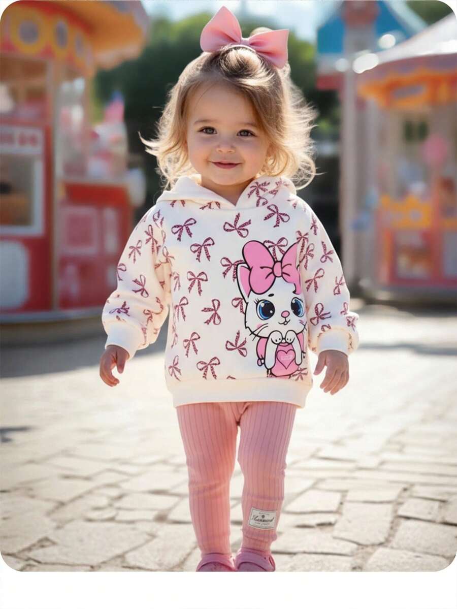 SHEIN Bộ 2 áo hoodie họa tiết trái tim mèo dễ thương cho bé gái và quần cạp chun, mùa thu/đông - Nhiều màu - Xem 1