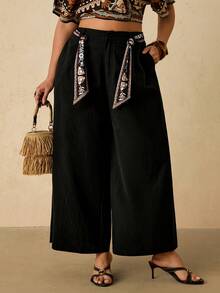 Travachic بنطلون فضفاض بخصر واسع للنساء البدينات، بنطلون فريد مخصص ذو ساق واسعة مع جيوب، بنطلون قطني مريح للنساء في فصل الخريف/الشتاء، فستان أسود - الأسود - مشاهدة 8