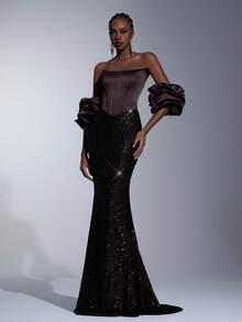 Elitara Thanh lịch, Lãng mạn, Thời trang, Tối giản Màu cà phê, Vải sequin, Vải chắp vá satin, Trang trí xương cá, Tay áo hình, Viền đuôi cá, Dài thướt tha, Thời trang, Người có ảnh hưởng, Ngày lễ, Kỳ nghỉ, Tiệc sinh nhật, Sự kiện cưới, Đầm dạ hội trang trọng - Cà phê nâu - Xem 7