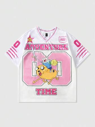 Adventure Time X ROMWE قميص رياضي قصير الأكمام للرجال بطبعة كلب وشبكة قطعة ملحقة، قميص رياضي