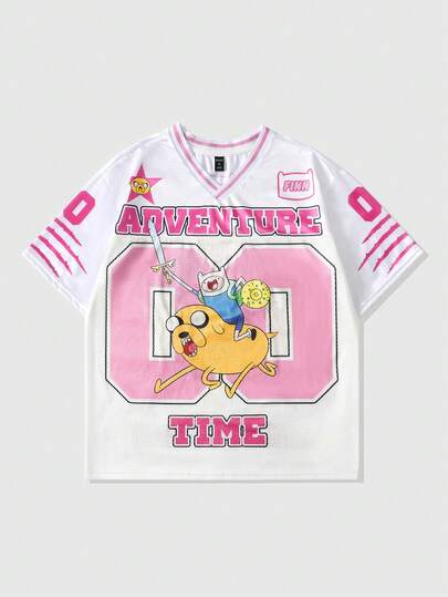 ROMWE MEN Adventure Time X ROMWE Men's Dog Print Mesh Patchwork Sports Short Sleeve T-Shirt, Athletic Jersey