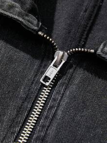 ROMWE MEN Street Life Áo khoác denim cổ điển, có khóa kéo, thường ngày cho nam, mùa thu - Xám - Xem 3