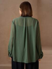 Chikora Plus Size Polka Dot Print Casual Commuter Shirt, Autumn - Green - View 4