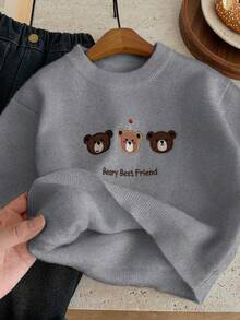 Young Boys' Thickened Fleece Pullover Sweater, Cute Animal Embroidery Pattern, Versatile & High Elasticity, Suitable For Home & Outdoor, Autumn/Winter - Grey - View 6