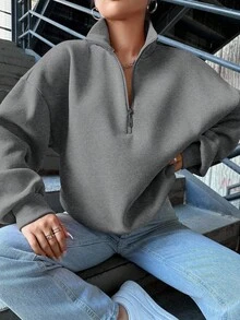 SHEIN Cottnline Women'S Zipper Half Placket Drop Shoulder Sweatshirt - Light Grey - View 3
