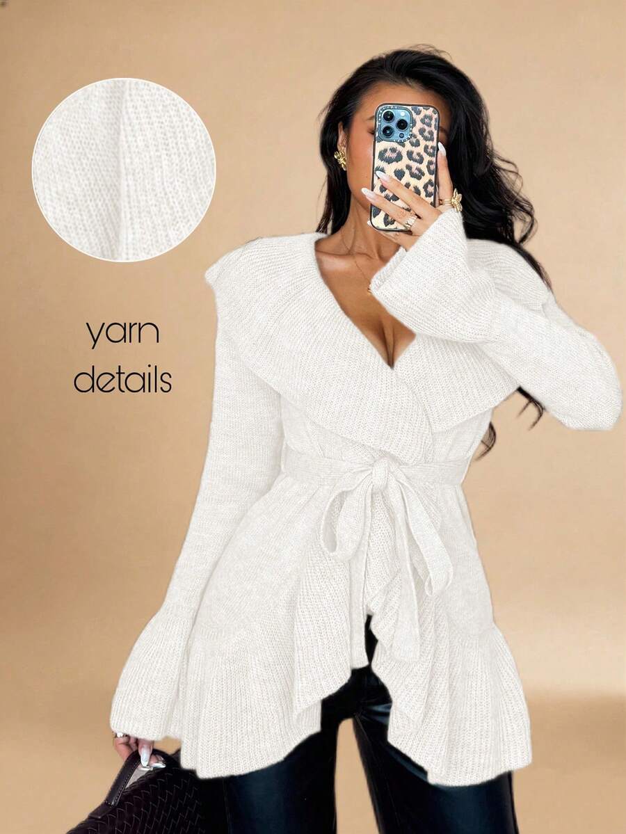 Islaluna Women's Basic Minimalist Elegant French Fashion Romantic Tie-Front Cardigan White Cardigan Woman White Knit Cardigan Cardigan With Tie Long Sleeve Cardigan Ruffle Trim Cardigan - Beige - View 1