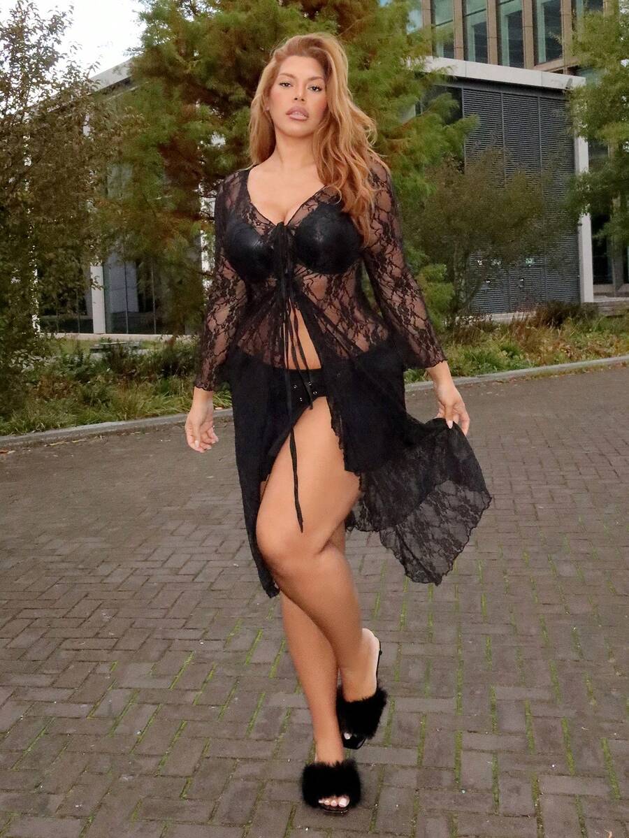 MelDlgn Plus Size Lace See-Through Front Tie Bow Neck, Ruffle Trim Sexy Long Tie-Up Cardigan - Black - View 1