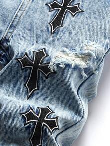 Bubblio New Vintage Baby Boys' Urban Street Cool Cross Embroidered Pattern Ripped Blue Denim Bib Overalls Jumpsuit Fall Winter,Without Top,For Baby Fall/Winter Dailywear Outfits,Boys Streetwear Outfits,Christmas Outfits,,Boys New Year Outfit,Thanksgiving Outfit For Boys,Stylish Clothing Collection,Winter Clothes,Toddler Overlls,Warm Clothes - Light Wash - View 5