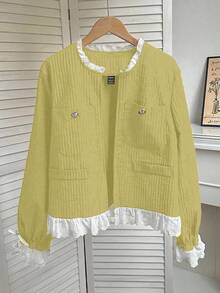 Franclia Vintage Lace Embroidered Bowknot Patchwork Round Neck Casual Jacket, Suitable For Autumn/Winter - Light Yellow - View 1