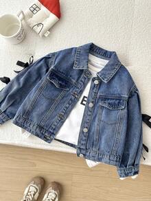 SHEIN Young Girl' Cute Black Bow Decor Blue Denim Lapel Long Sleeve Jacket,Fall Clothes,Winter Clothing ,Casual And Fashionable Vacation Outfits,2000s Style  ,Christmas Clothing,Christmas  Jacket, - Medium Wash - View 4