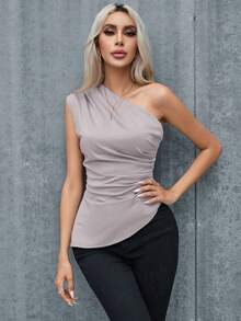 SHEIN Privé 女士純色打摺單肩無袖上衣 - 淡紫色 - 查看 5