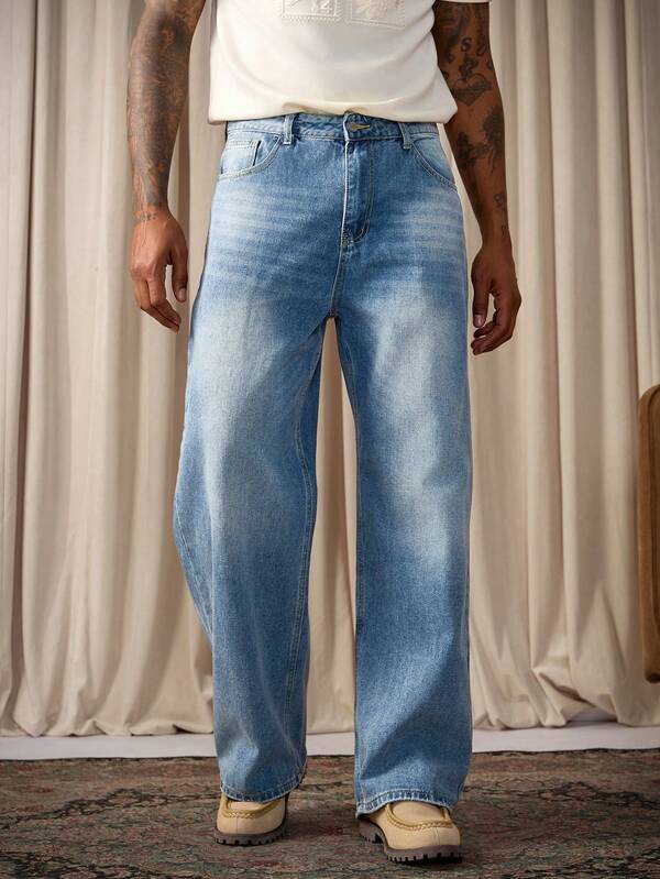 RivetRise Men's Solid Color Simple Style Daily Jeans, Plain Jeans Long Baggy Light Blue Washed Cargo Jeans, For Husband, Boyfriend Gifts Going Out Hang Out Commute Street Work