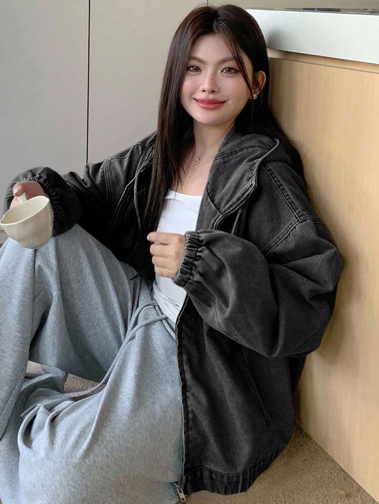 Dazy Plus Light Wash Denim Hooded Zip-Up Jacket, Loose Lantern Sleeve, Cinched Hem, Plus Size Women Outerwear