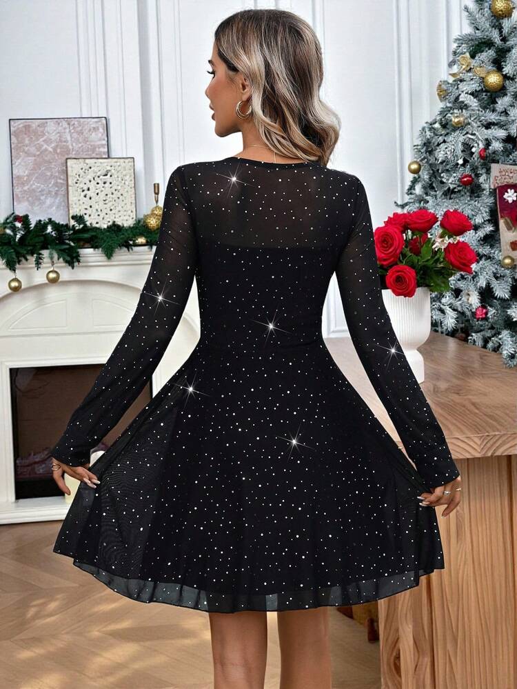 Women's Rhinestone Mesh Round Neck Long Sleeve Elegant Short Dress Winter Dress Women Christmas Party Dress Elegant Party Dresses Graduation Dress Elegant Dresses For Women Shiny Dress Black Dress Going Out Dress Fall Dresses For Women Birthday Dresses For Women,Dresses For Women Elegant New Year Dress New Year Clothes