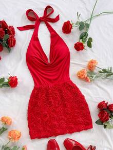 Soleia Women's Holiday Red Rose Textured Halter Mini Dress, Sexy Beach, Date, Holiday, Beach Vacation, Afternoon Tea, Party Dress, Wedding Season, Beach Cruise Vacation, City Vacation, Boho Vacation, Music Festival, Hippie, Western, Valentine's Day Dress, Valentine's Day Outfit, Festival, New Year Red Rose Dress Red Dress Summer Red Vacation Outfit Red Vacation Dress Red Dress Birthday Red Dress Short - Red - View 8