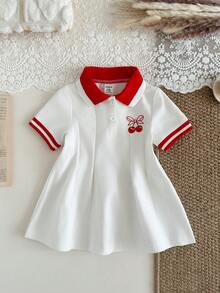 SHEIN 1pc Infant Girls' White Casual Dress, Ribbed Collar & Cuffs, Suitable For Casual Wear, Outdoor, Sports, And Parties Skirt White Dress فستان دانتيل - Red - View 5