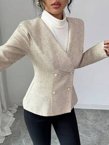 SHEIN Clasi 女款法式風情仿珍珠鈕扣裝飾 A 字版長袖夾克，米色優雅辦公外衣，收腰設計時尚秋季外套 - 卡其色 - 查看 4