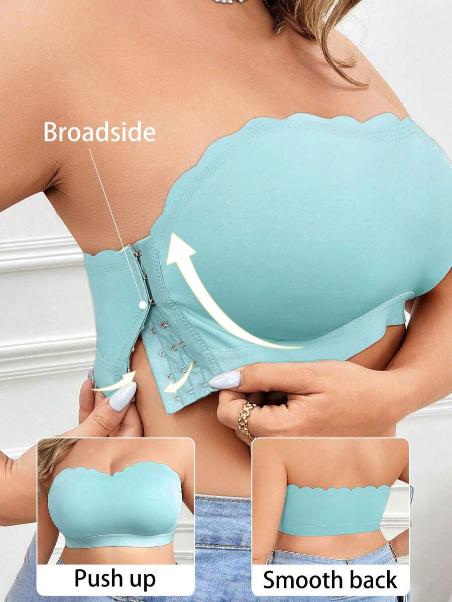 SHEIN Áo ngực hai dây cài nút bên hông cỡ lớn không dây - Màu xanh lam - Xem 1